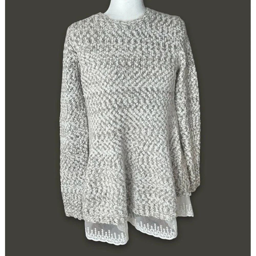 Mizumi Tan Ivory Knit Sweater w/ Lace Hem Fall/Winter Cottagecore Fashion Size M